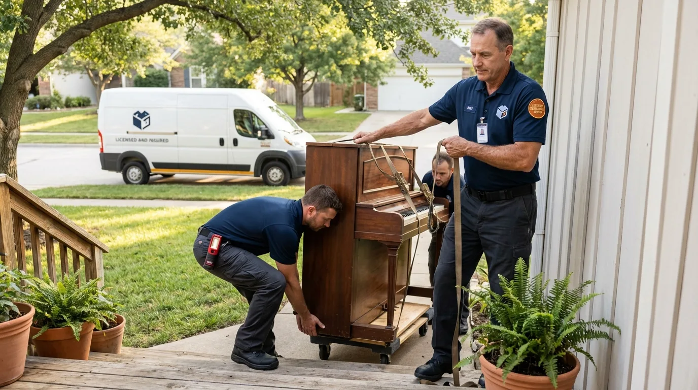 Licensed piano movers securing grand piano in Muscle Shoals, AL