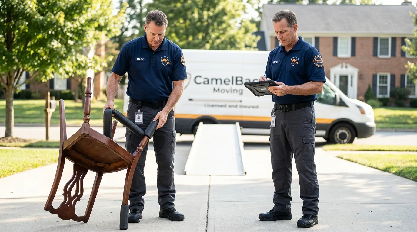 Movers inspecting furniture for damage prevention before loading in Muscle Shoals, AL