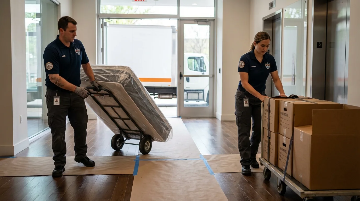 Professional apartment movers loading elevator in Muscle Shoals, AL